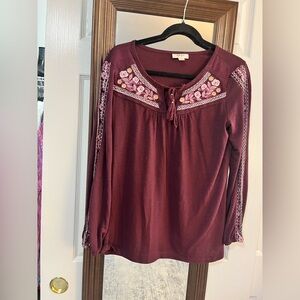 Style & Co Burgundy long sleeve top with floral embroidery